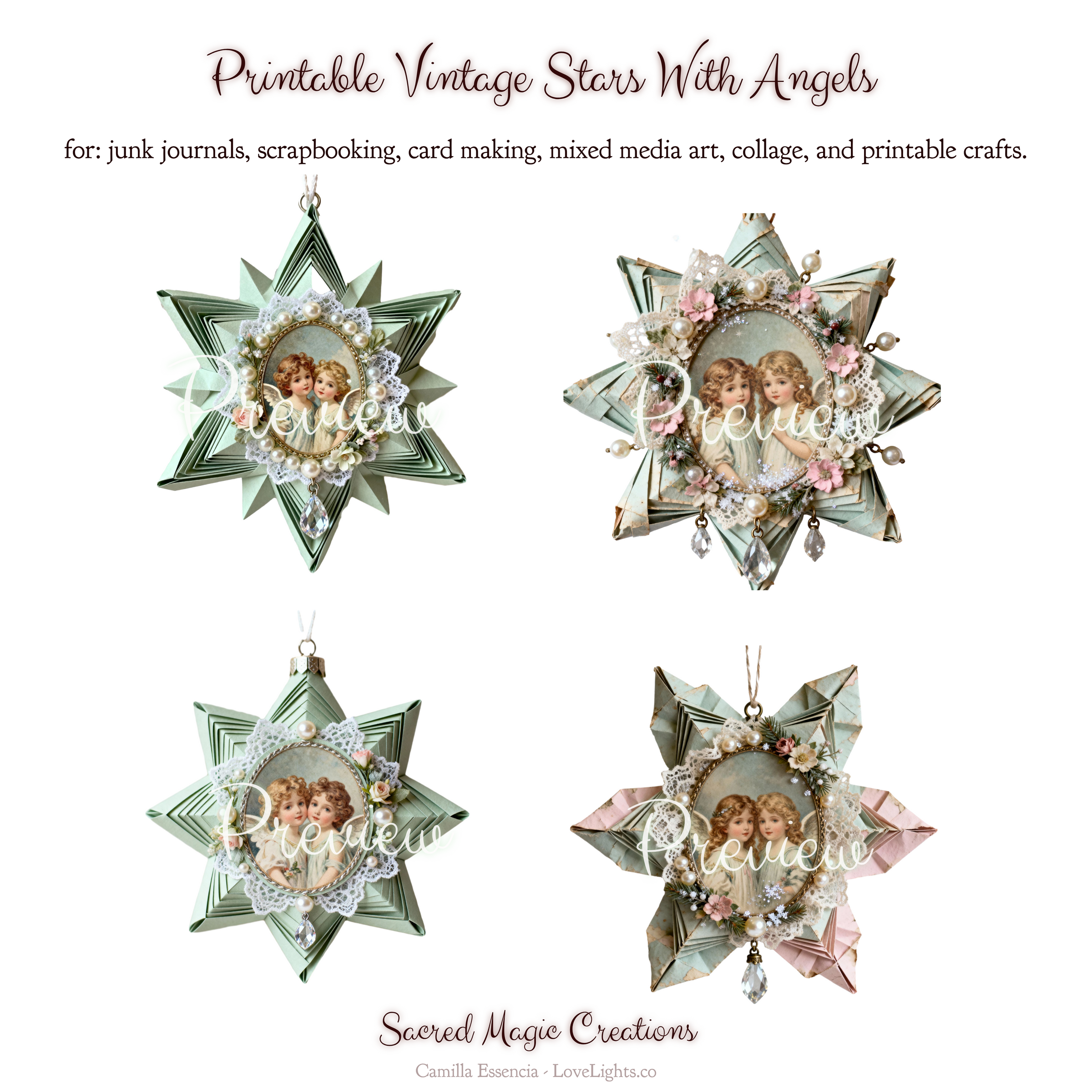 Printable Vintage Stars with Angels – For: Junk Journal Ephemera, Victorian Angel Clip Art, Scrapbook Paper Craft, Christmas Ornament. ((This is a digital file for instant download – for digital use or printing.))