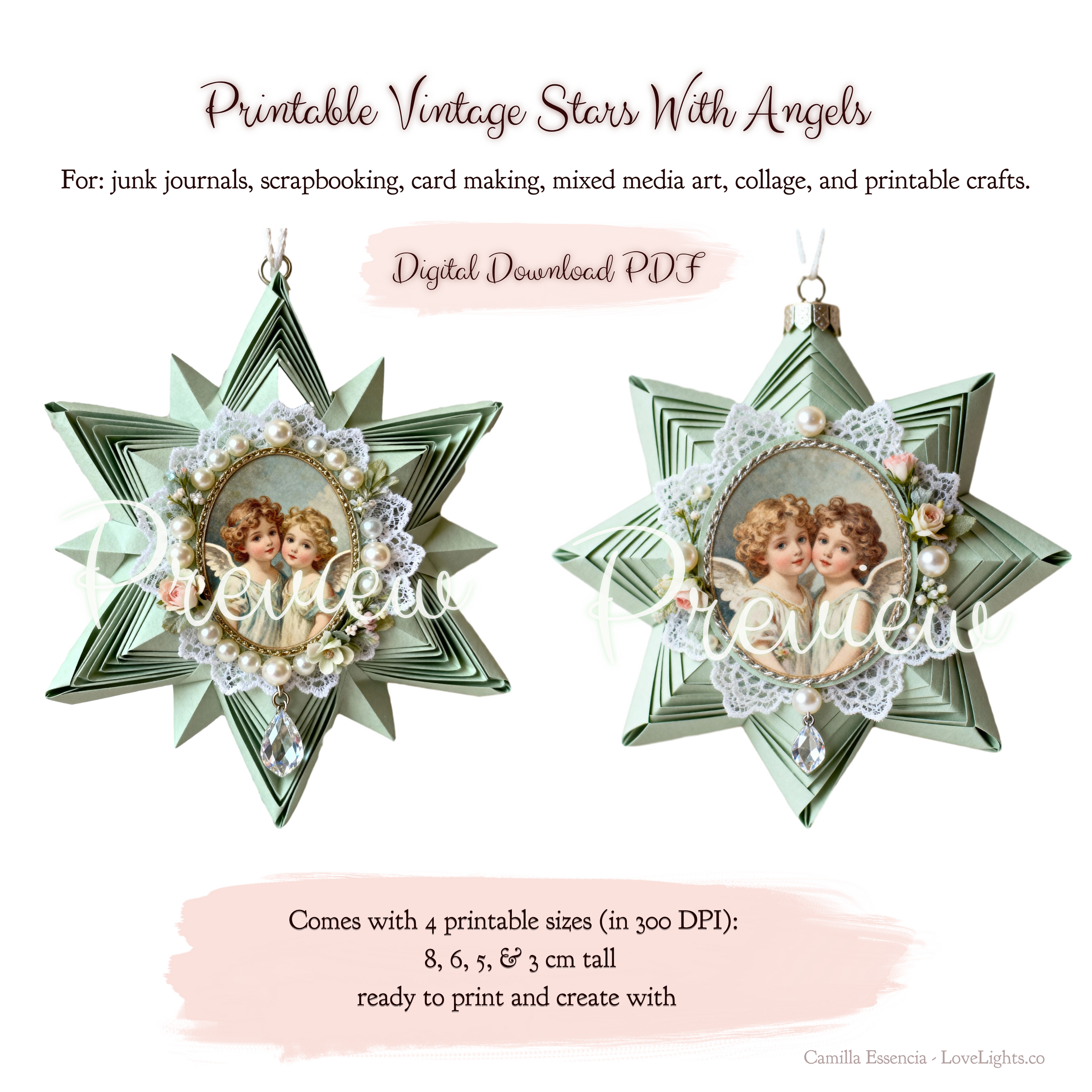 Printable Vintage Stars with Angels – For: Junk Journal Ephemera, Victorian Angel Clip Art, Scrapbook Paper Craft, Christmas Ornament. ((This is a digital file for instant download – for digital use or printing.))