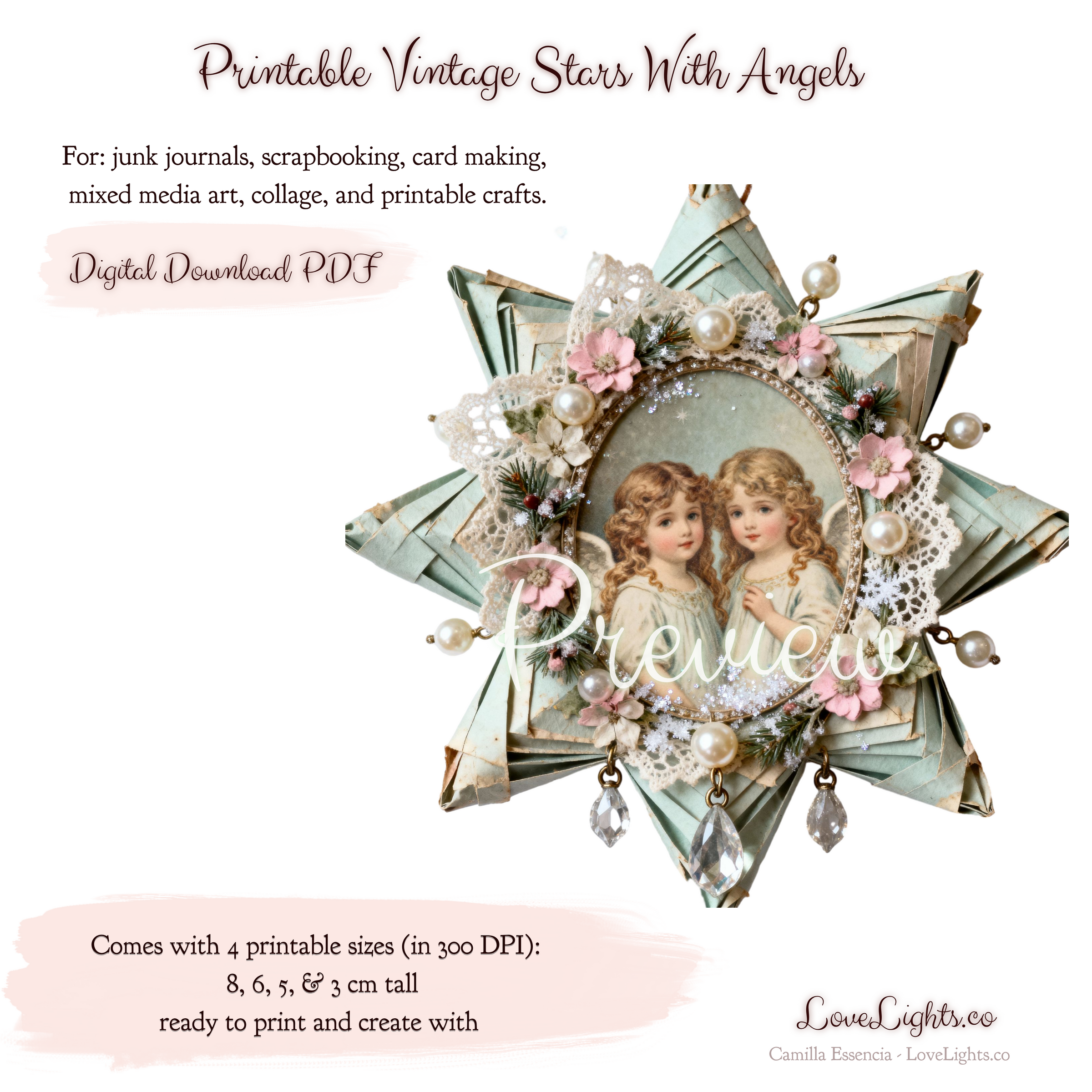 Printable Vintage Stars with Angels – For: Junk Journal Ephemera, Victorian Angel Clip Art, Scrapbook Paper Craft, Christmas Ornament. ((This is a digital file for instant download – for digital use or printing.))