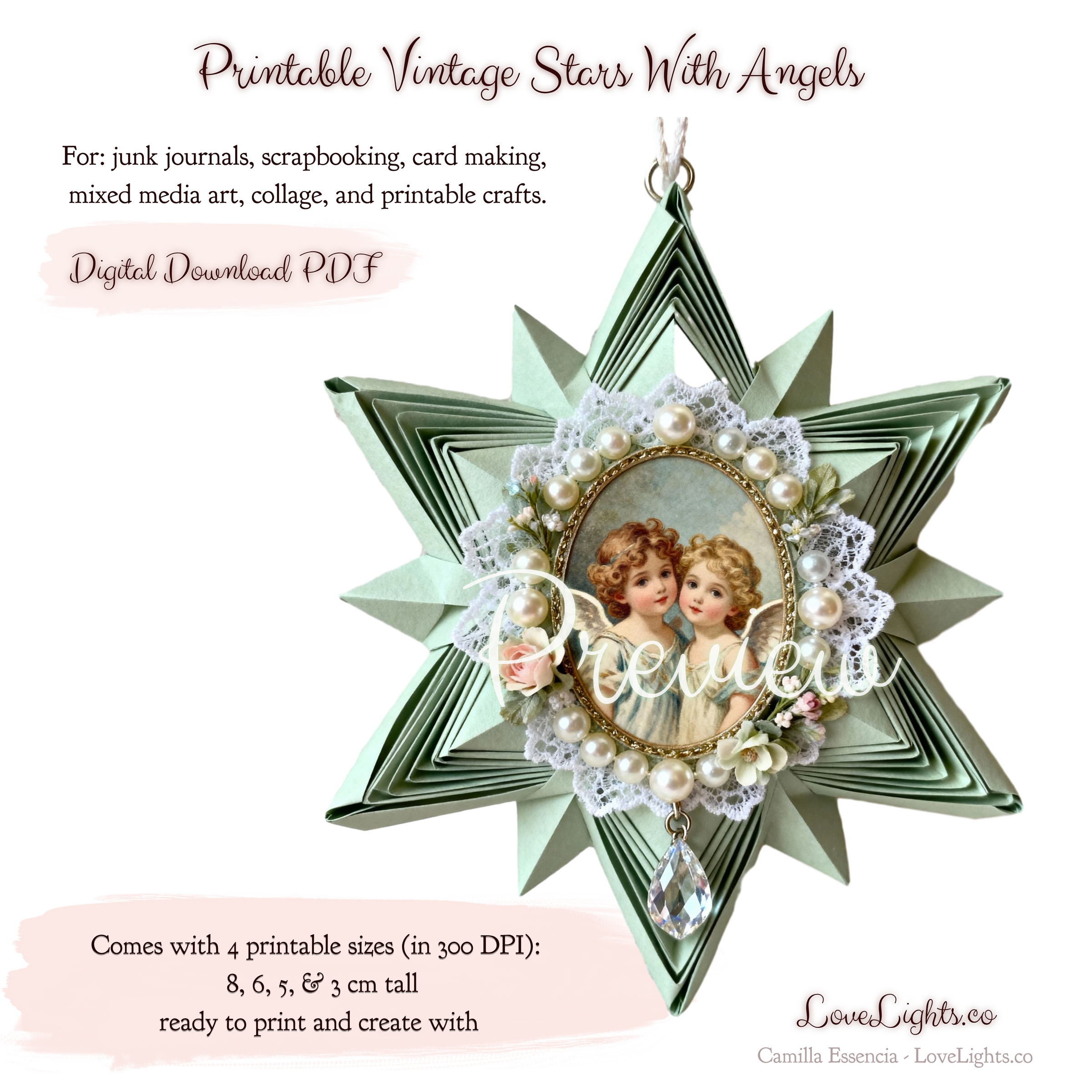 Printable Vintage Stars with Angels – For: Junk Journal Ephemera, Victorian Angel Clip Art, Scrapbook Paper Craft, Christmas Ornament. ((This is a digital file for instant download – for digital use or printing.))