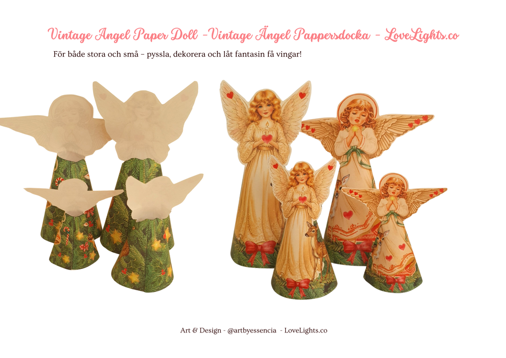 Vintage pappersänglar - Vintage pappers ängel att skriva ut, klippa ut och klistra ihop - för pyssel - dekoration och lek. Ängel dekoration. Ängel till granen. Änglar till granen. Pappängel till granen. Ängel pappdocka. LoveLights.co - Konst & Design Camilla Essencia