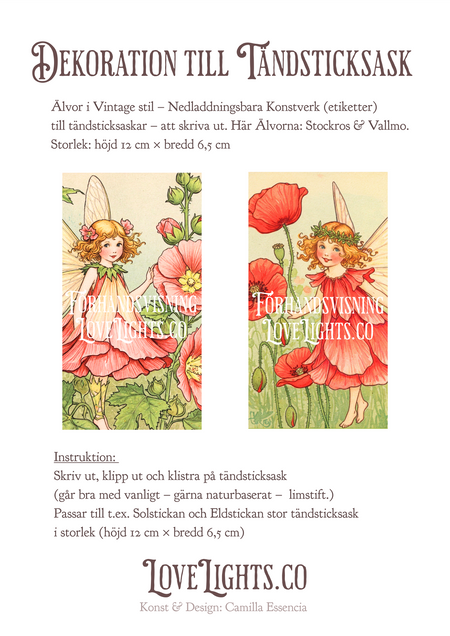 Inredningstips! Dekorationsbilder till Tändsticksask - Älvor - Stockros Älva - Vallmo Älva